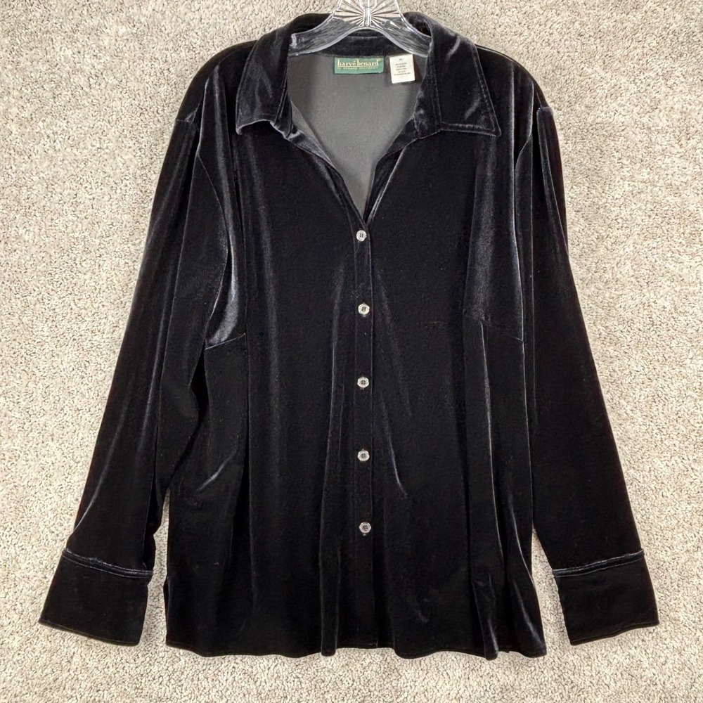 Harve Benard Womens 1X Black Velvet Button Down Shirt Long Sleeve Collared Top